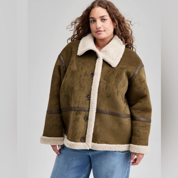 NWOT And Now This Cozy Trebdy Olive Teddy Jacket faux suede sherpa size 2x - Picture 1 of 6